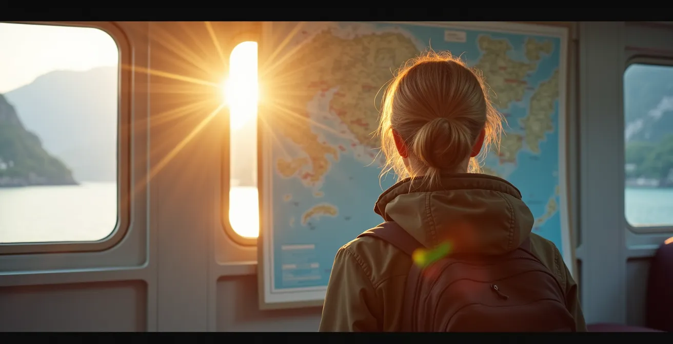 Voyageur consultant une carte de transport sur une plateforme de ferry avec fjord en arrière-plan