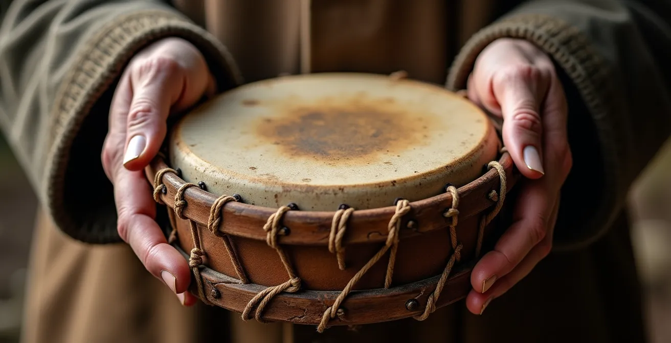 Gros plan macro sur des mains tenant un tambour traditionnel en peau de renne avec des détails de texture visibles