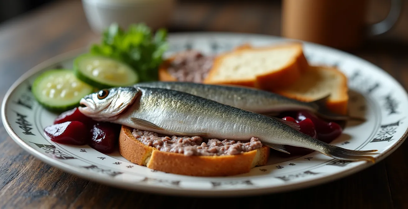 Assiette de petit-déjeuner traditionnel norvégien avec hareng mariné et pâté de foie