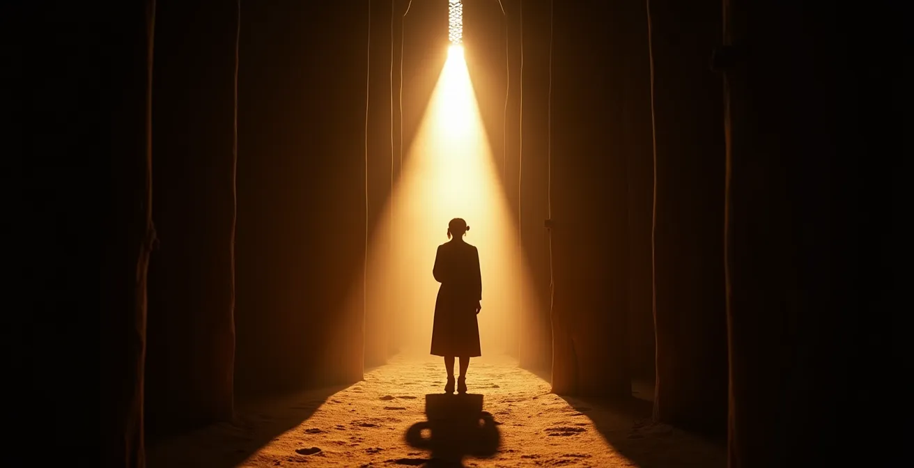 Intérieur sombre et mystique de l'église de Borgund avec jeux de lumière filtrant à travers le bois