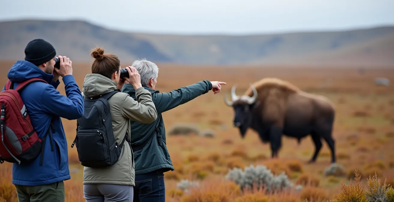 Bœuf musqué observé à distance sécuritaire dans le parc de Dovrefjell