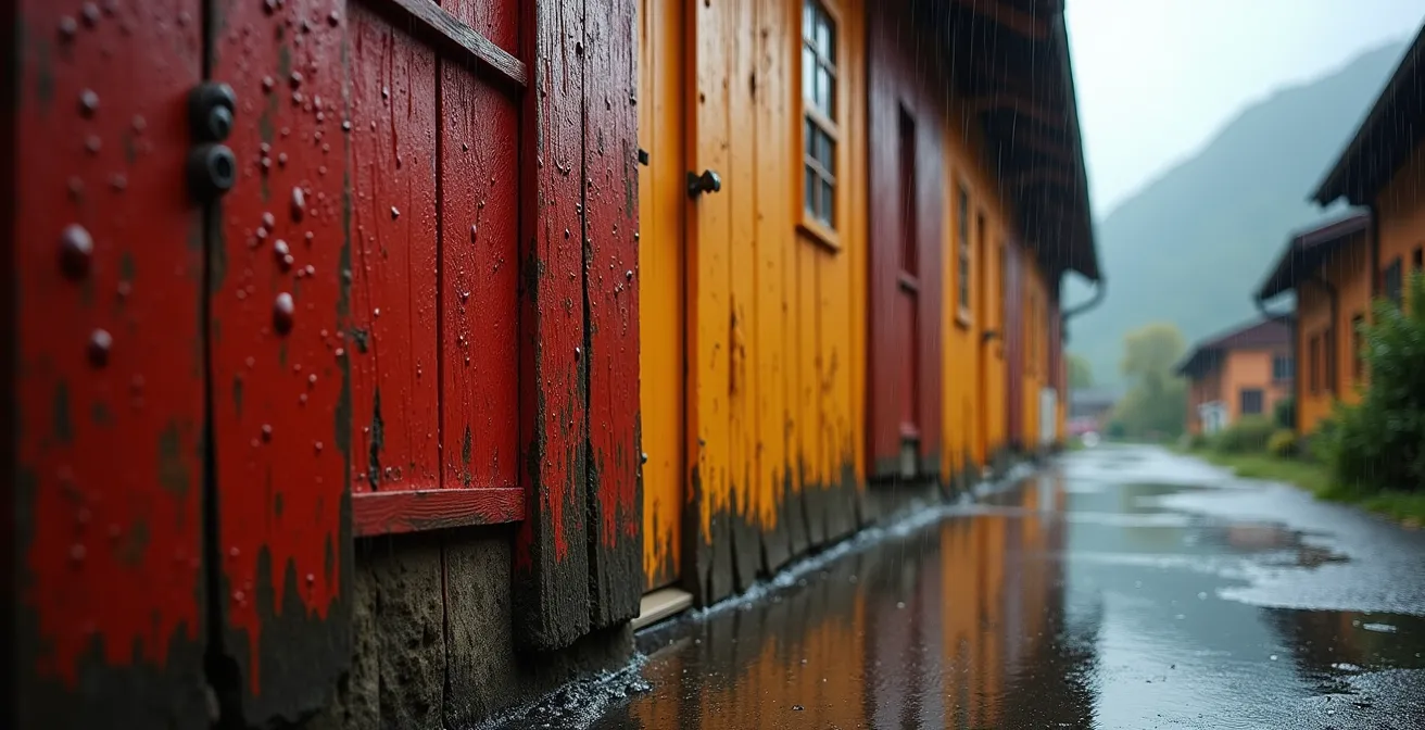 Façades colorées traditionnelles de Bryggen reflétées dans les flaques d'eau