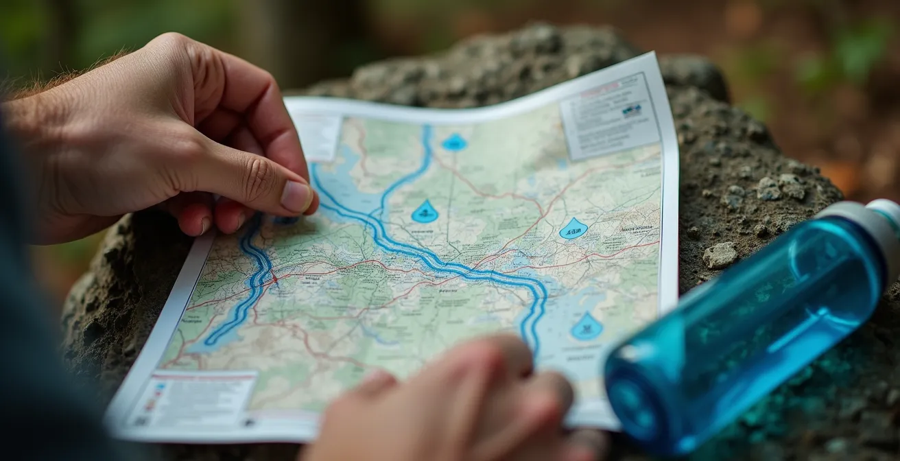 Mains tenant une carte IGN Top 25 avec symboles de sources d'eau marqués, gourde filtrante posée sur rocher