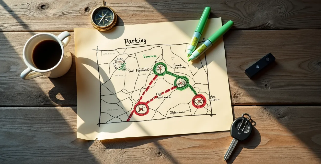 Carte schématique montrant les parkings sécurisés et zones dangereuses le long de la Route de l'Atlantique