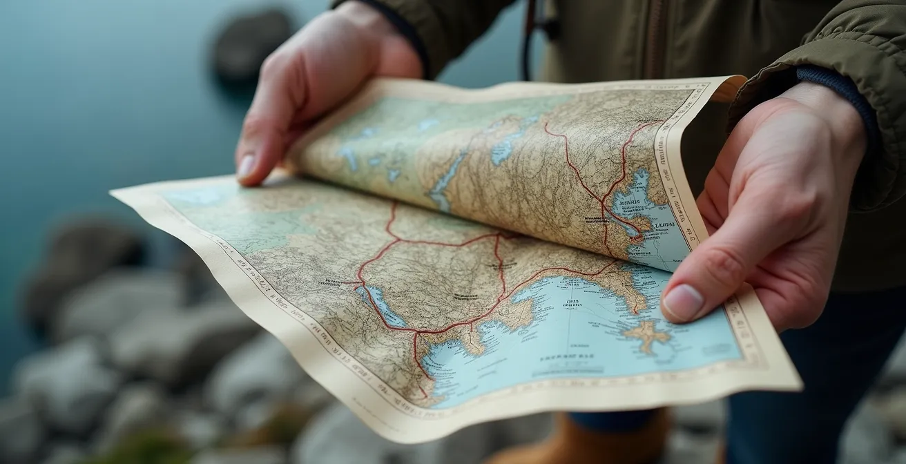 Main tenant une carte topographique norvégienne avec courbes de niveau marquées sur fond de paysage fjord