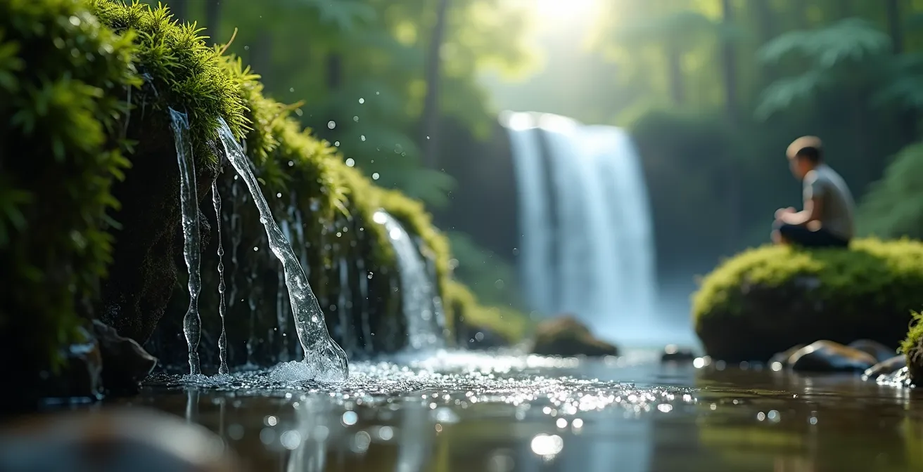 Petite cascade isolée dans une forêt norvégienne avec une seule personne assise en méditation