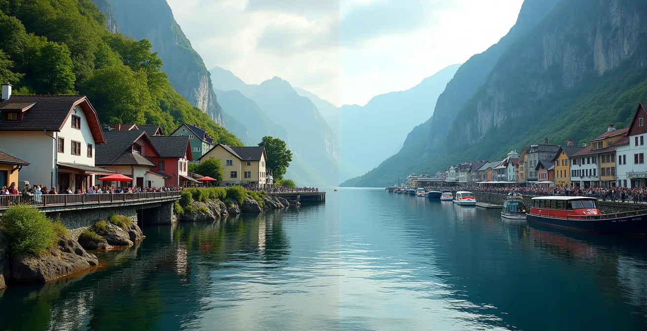 Vue comparative montrant le contraste entre le calme village d'Aurland et l'animation touristique de Flam