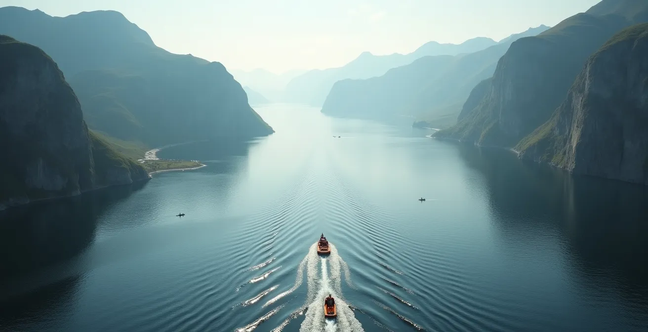 Vue aérienne montrant l'immensité d'un fjord avec un RIB et des kayaks pour comparer l'échelle
