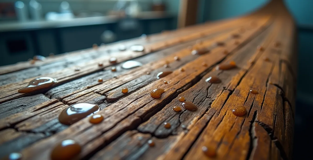Détail macro d'une planche de bois ancien en cours de traitement de conservation