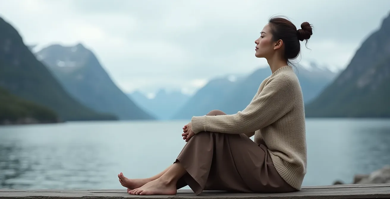 Personne pratiquant la méditation visuelle face à un fjord norvégien, regard porté vers l'horizon lointain