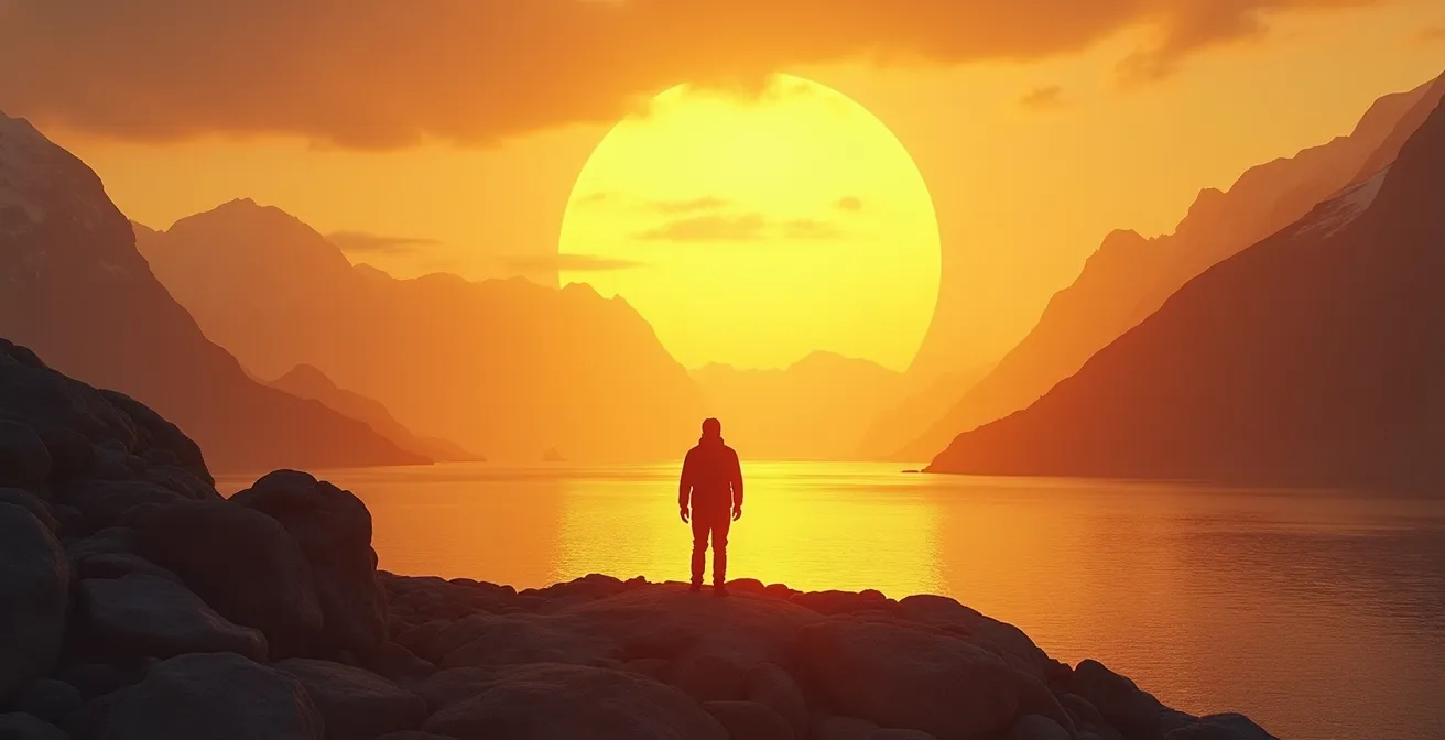 Paysage arctique norvégien montrant le soleil de minuit illuminant des montagnes et un fjord