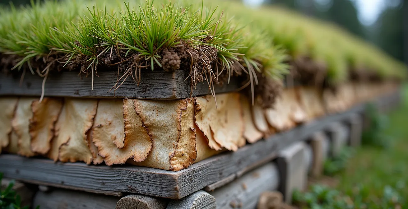 Vue en coupe détaillée d'un toit traditionnel norvégien montrant les différentes couches de matériaux naturels