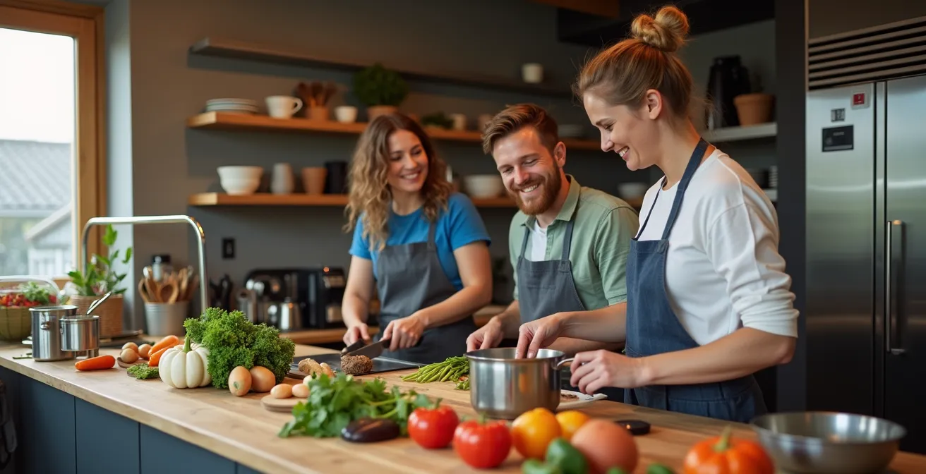 Voyageurs préparant ensemble un repas dans une cuisine d'auberge norvégienne