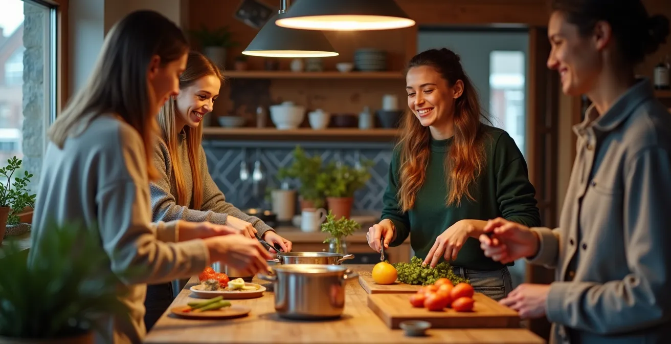 Voyageurs préparant un repas ensemble dans une cuisine commune d'auberge norvégienne