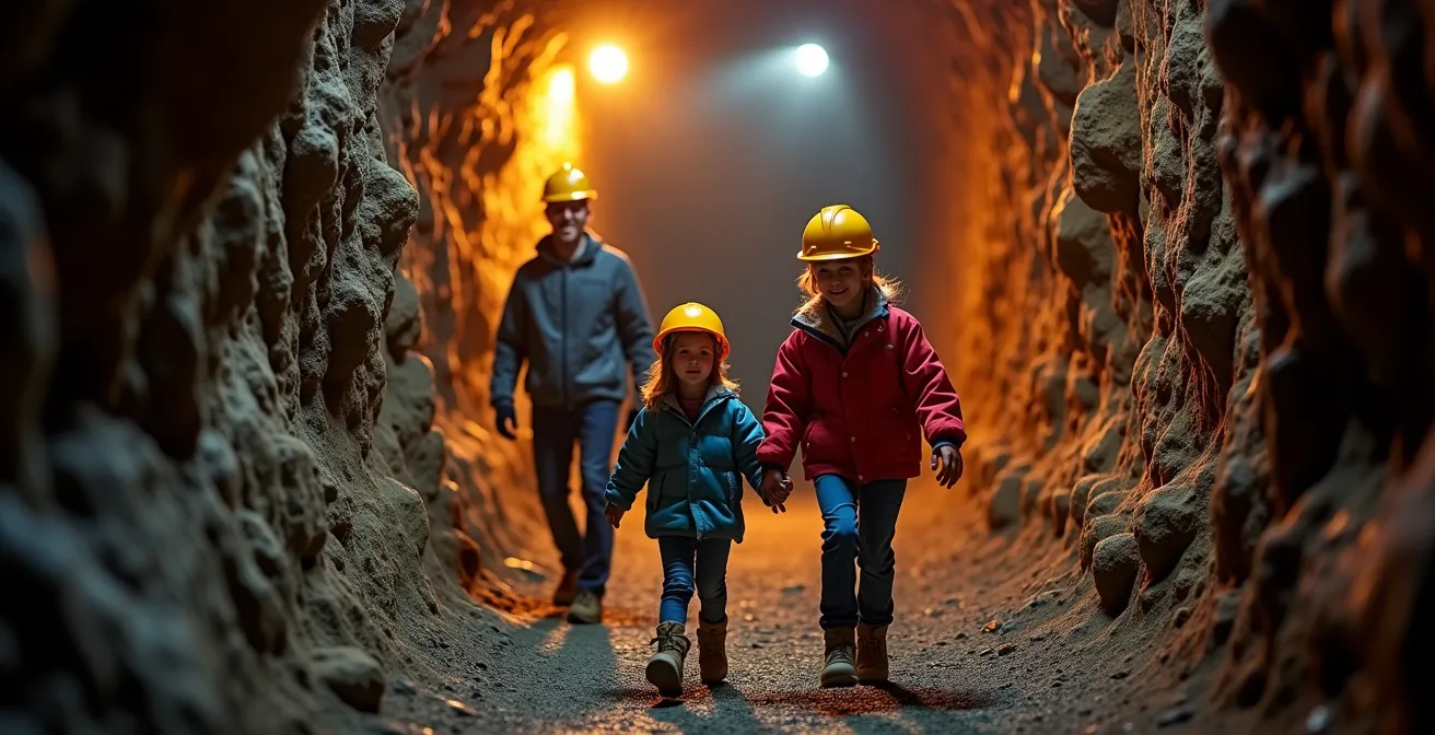 Famille avec enfants explorant une galerie minière éclairée en toute sécurité
