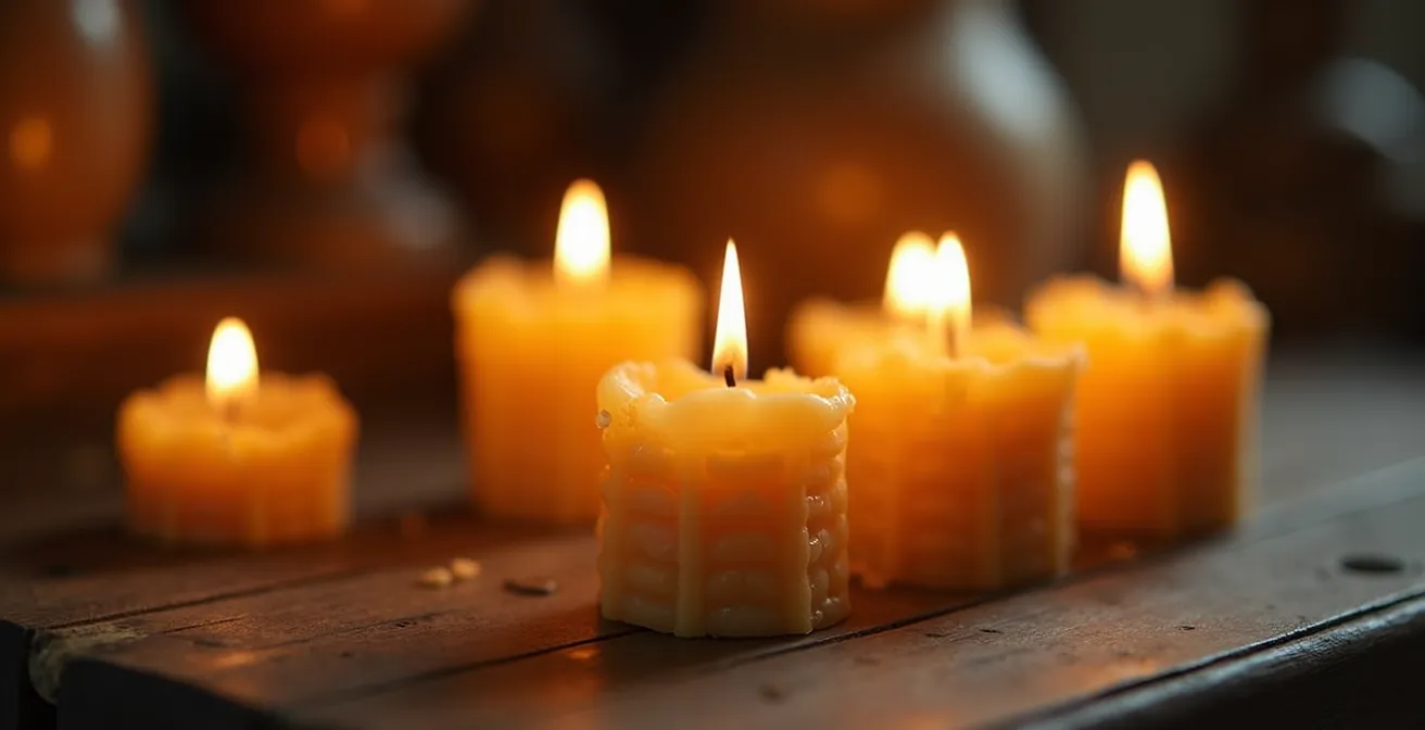 Gros plan sur des bougies en cire d'abeille créant une atmosphère intime dans une chambre d'hôtel