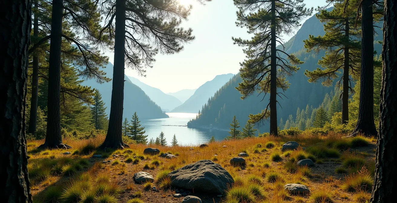 Vue aérienne d'un emplacement de camping idéal entre fjord et forêt protégé du vent
