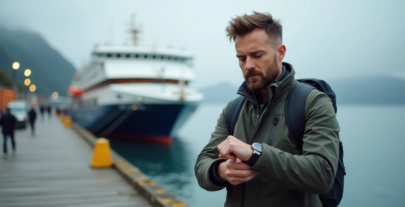 Voyageur consultant sa montre sur un quai norvégien avec un navire de l'Express Côtier en arrière-plan