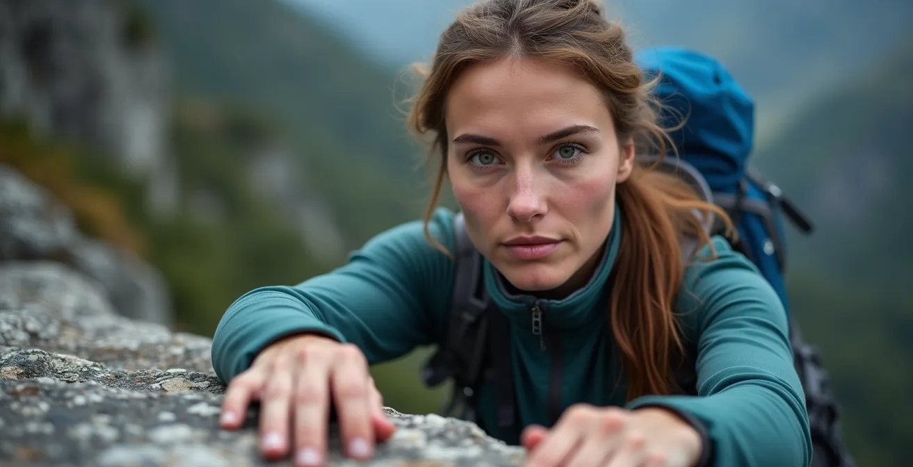 Randonneur en position assise sécurisée sur rocher, démontrant la technique des trois points de contact