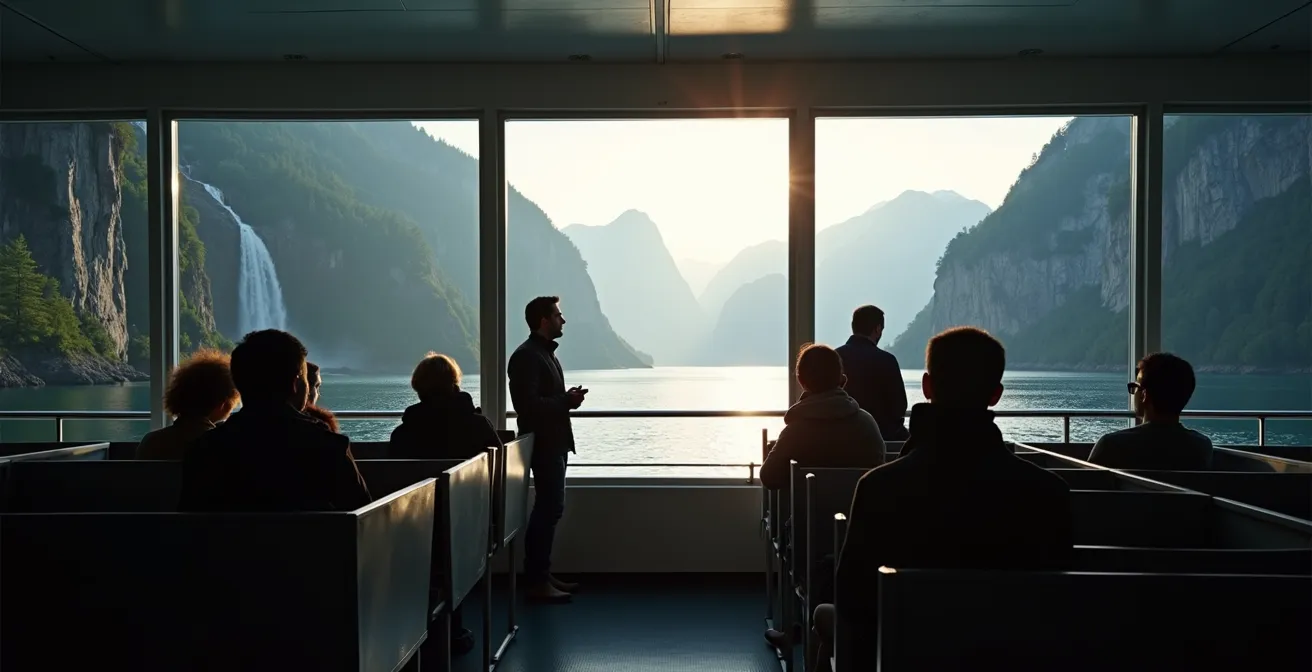 Intérieur d'un ferry électrique avec passagers contemplant la cascade des Sept Sœurs à travers de grandes baies vitrées