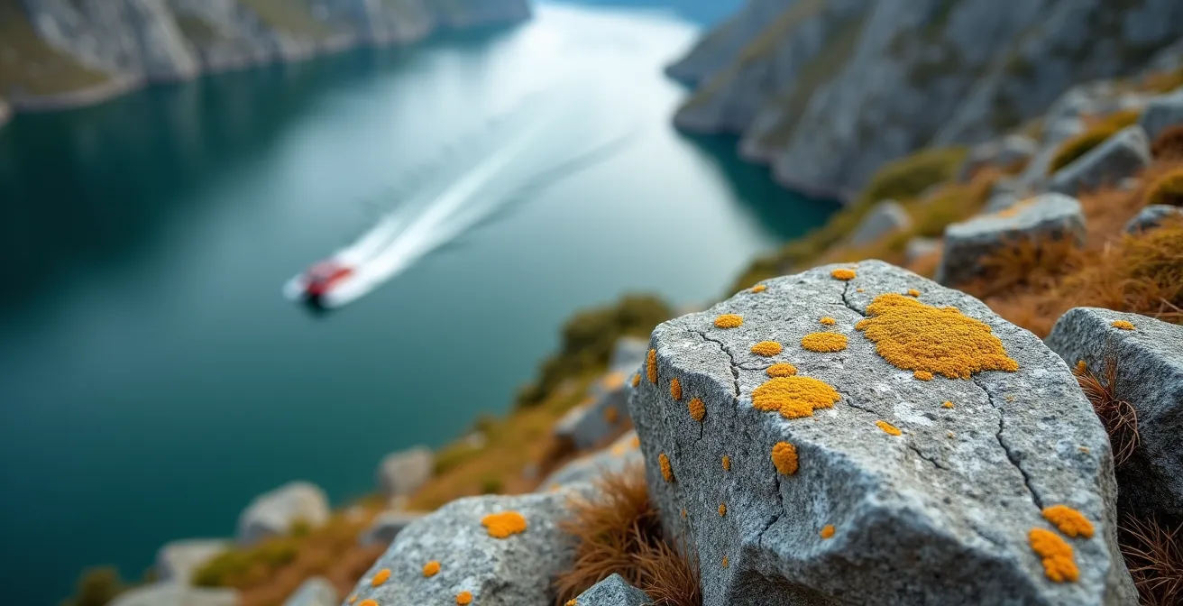 Vue plongeante spectaculaire depuis Flydalsjuvet sur le fjord de Geiranger avec un bateau électrique minuscule en contrebas