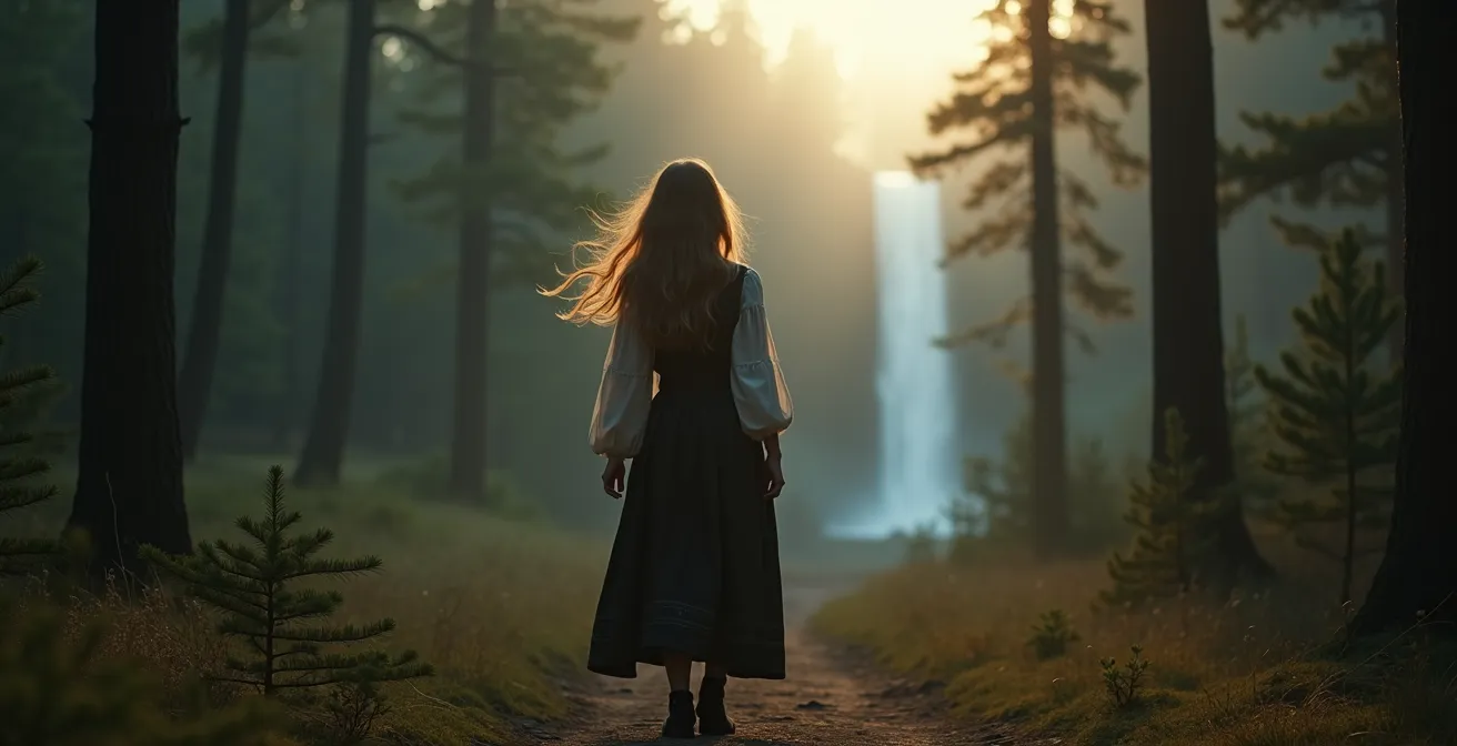 Forêt norvégienne dense et brumeuse avec cascade au fond, atmosphère mystérieuse