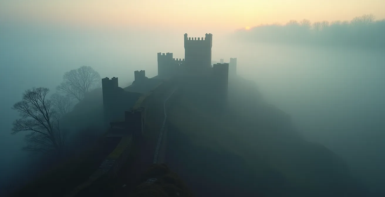 Vue atmosphérique d'une forteresse médiévale scandinave dans la brume du matin