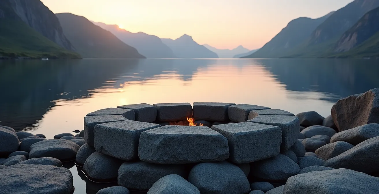Foyer de pierre aménagé au bord d'un fjord norvégien avec vue sur les montagnes