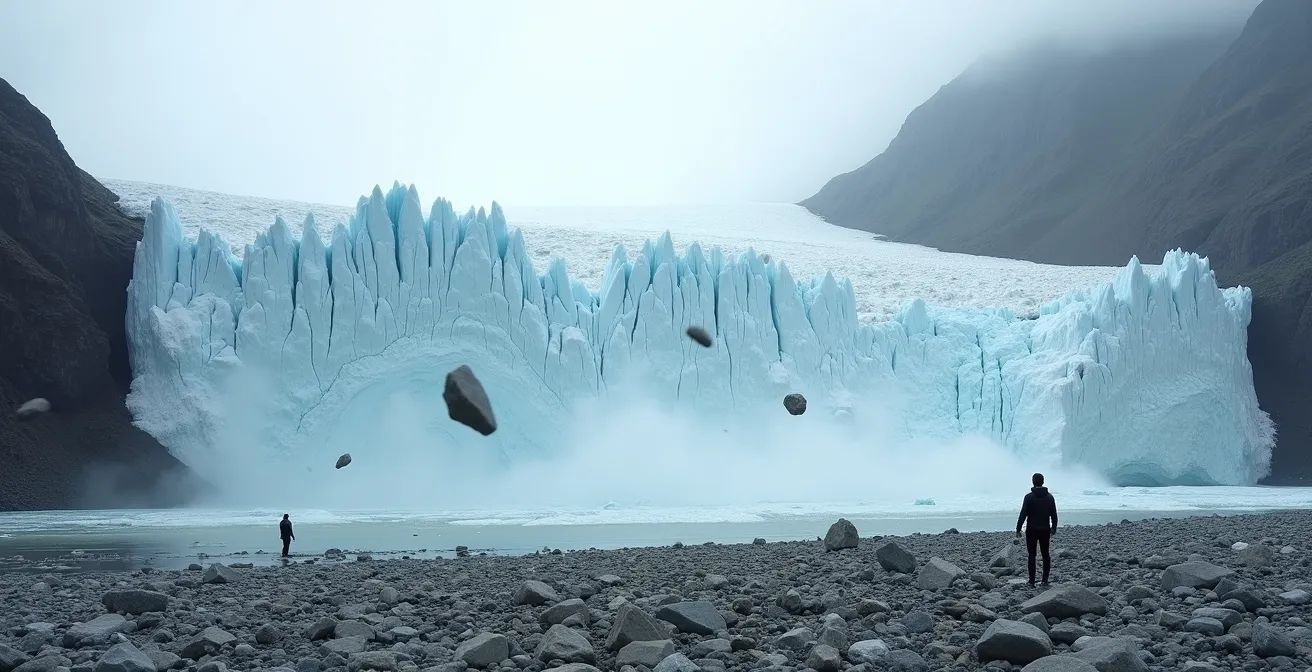 Vue large d'un front glaciaire instable avec éboulis et randonneurs minuscules en contrebas