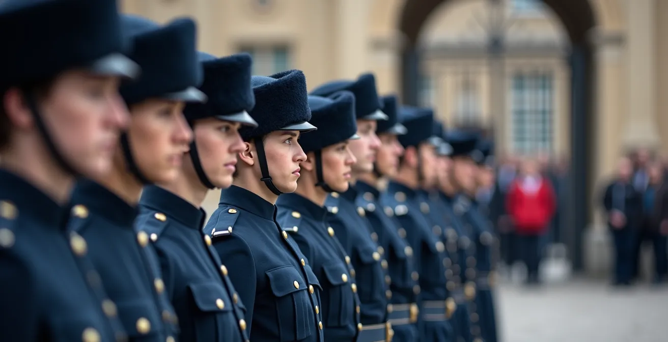 Garde royale norvégienne en uniforme traditionnel lors de la relève devant le palais