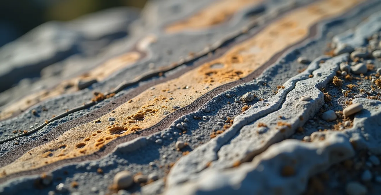 Détail macro d'une roche de gneiss montrant l'alternance de bandes claires et sombres caractéristiques avec des yeux de feldspath