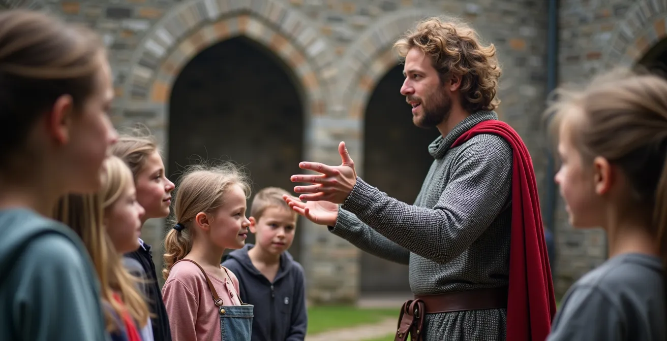 Guide en costume médiéval interagissant avec des enfants dans la cour du château