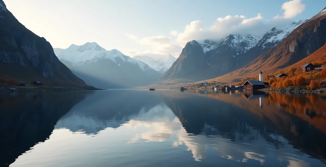 Vue paisible du Hjørundfjord en automne avec montagnes se reflétant dans l'eau calme, sans présence touristique