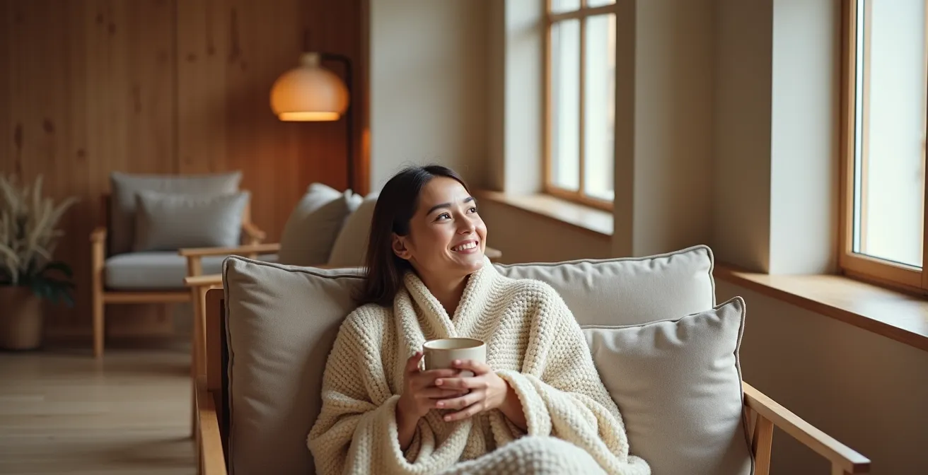 Intérieur d'hôtel design avec mobilier en bois naturel et espaces épurés créant une ambiance koselig moderne