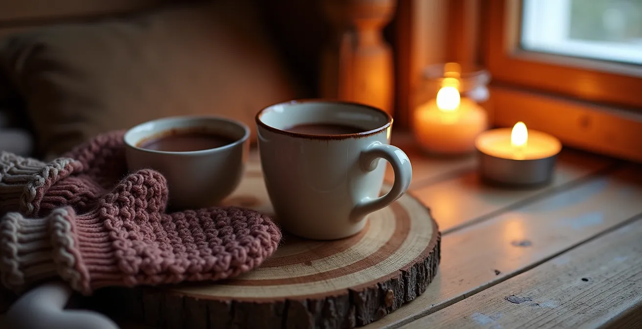 Intérieur chaleureux d'un hytte norvégien avec famille partageant un repas autour d'une table en bois
