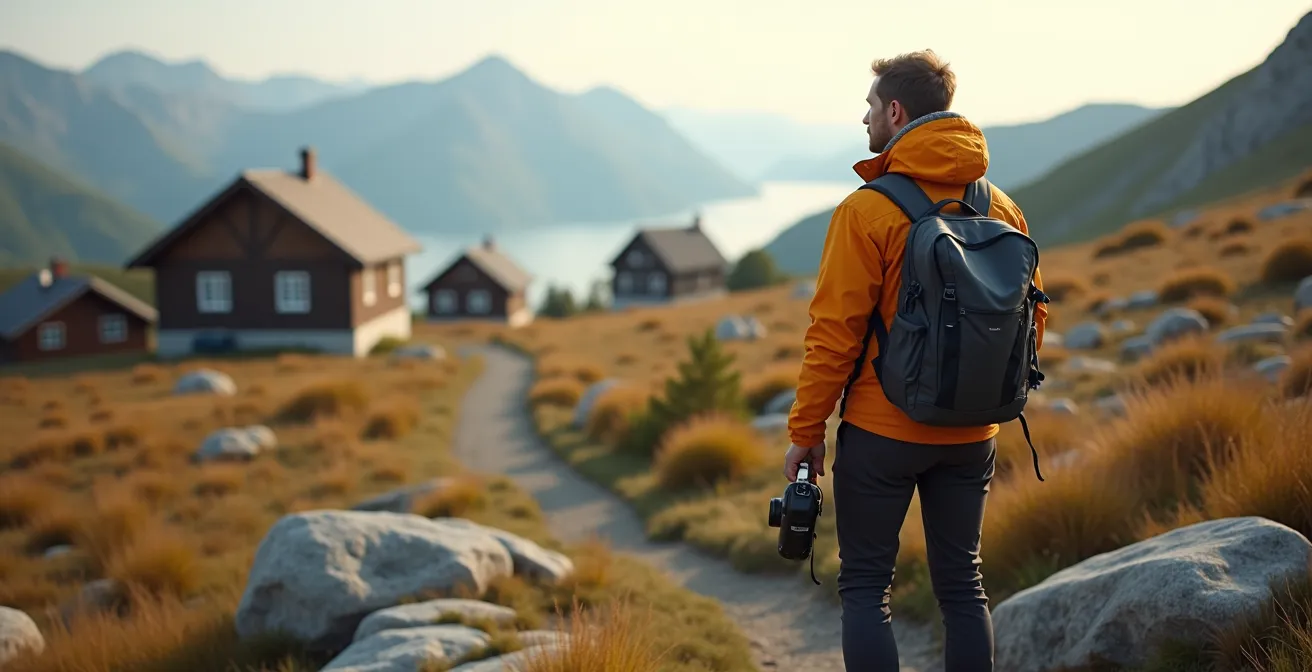 Perspective montrant visuellement la distance de 150 mètres entre une tente et une habitation norvégienne