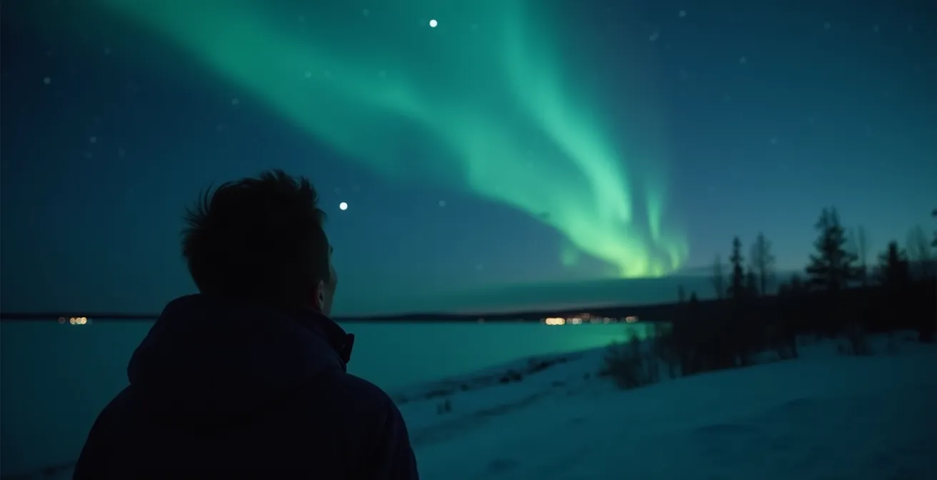 Chasseur d'aurores scrutant l'horizon nord sous un ciel étoilé