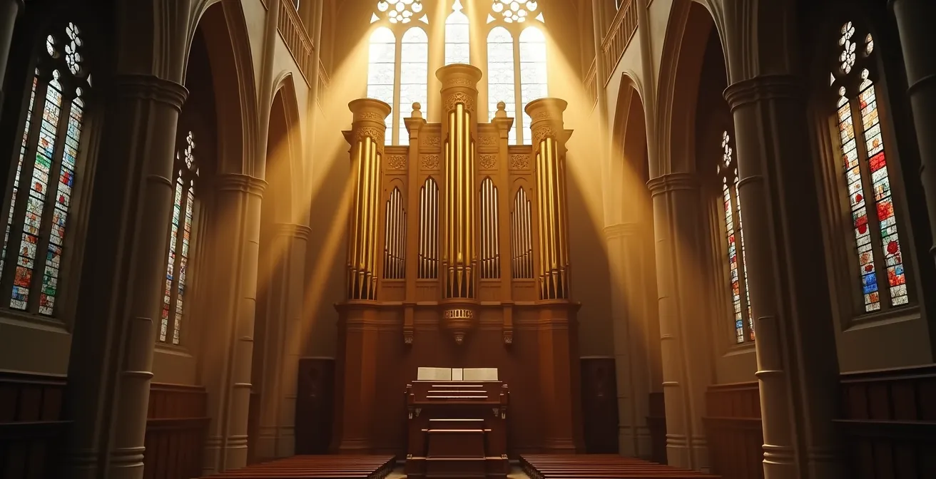Magnifique orgue baroque doré dans le transept avec jeux de lumière traversant les vitraux colorés