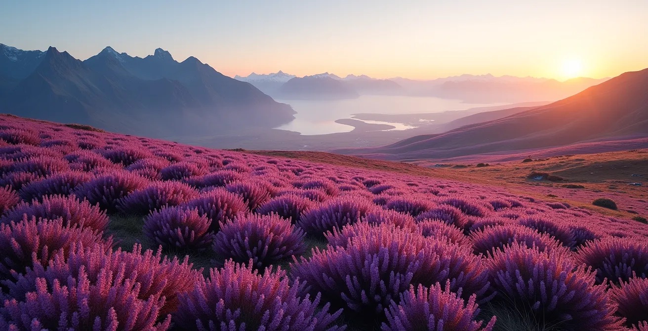 Vaste étendue de bruyères violettes en fleur dans les montagnes norvégiennes