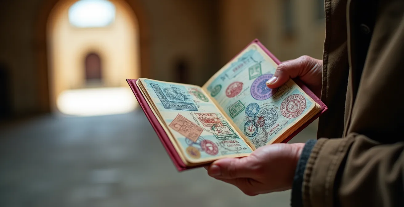 Main de pèlerin tenant un carnet de pèlerinage avec tampons colorés devant l'entrée en pierre du centre des pèlerins