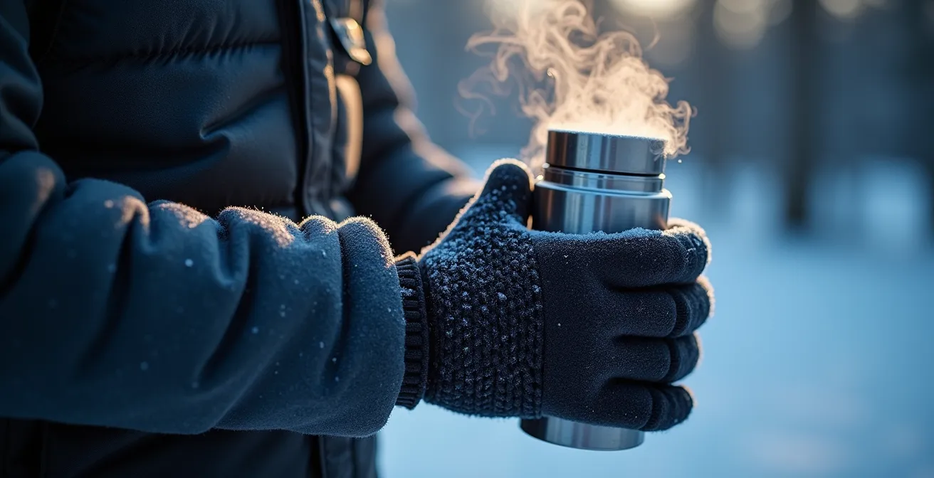 Détail de l'équipement thermique d'un chasseur d'aurores en Laponie