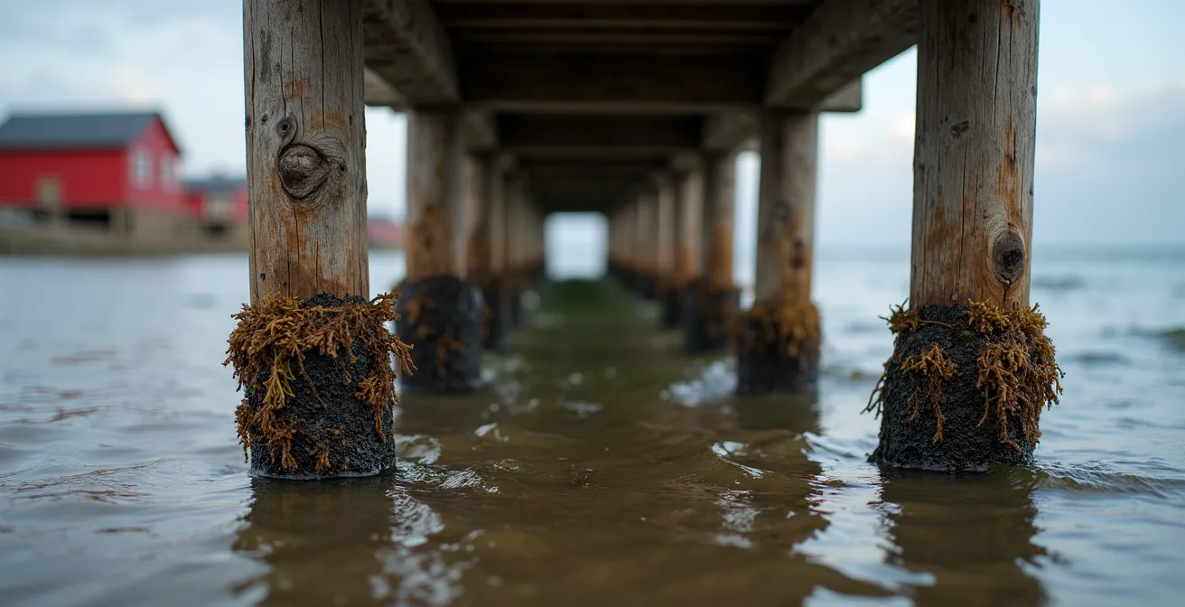 Vue rapprochée des pilotis en bois massif d'un rorbu traditionnel avec l'eau du fjord qui monte lors de la marée haute