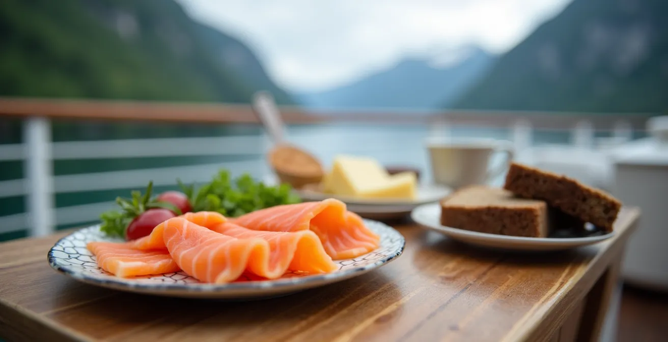 Plateau de spécialités norvégiennes disposé sur une table de pont extérieur avec vue sur un fjord