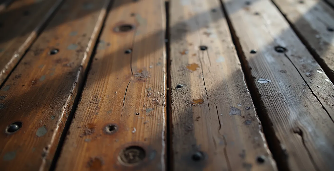 Gros plan sur les planches de bois ancien d'un plancher de rorbu avec leur patine centenaire et les traces d'usure