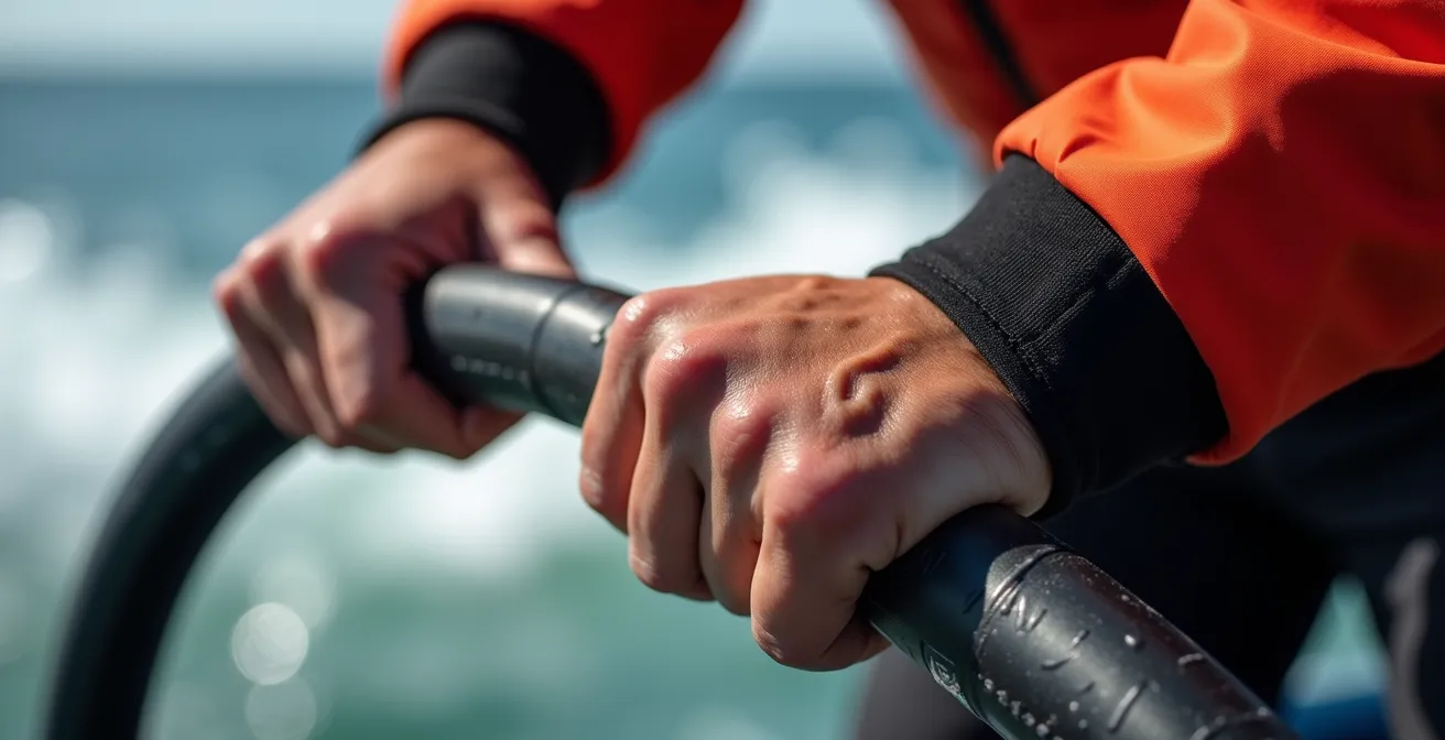 Passager en combinaison de survie démontrant la posture correcte sur un siège jockey de zodiac