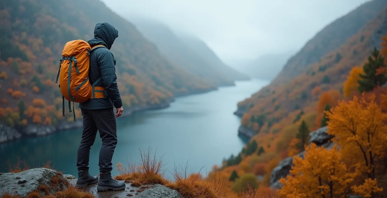 Randonneur équipé pour la pluie contemplant les couleurs d'automne le long d'un fjord norvégien