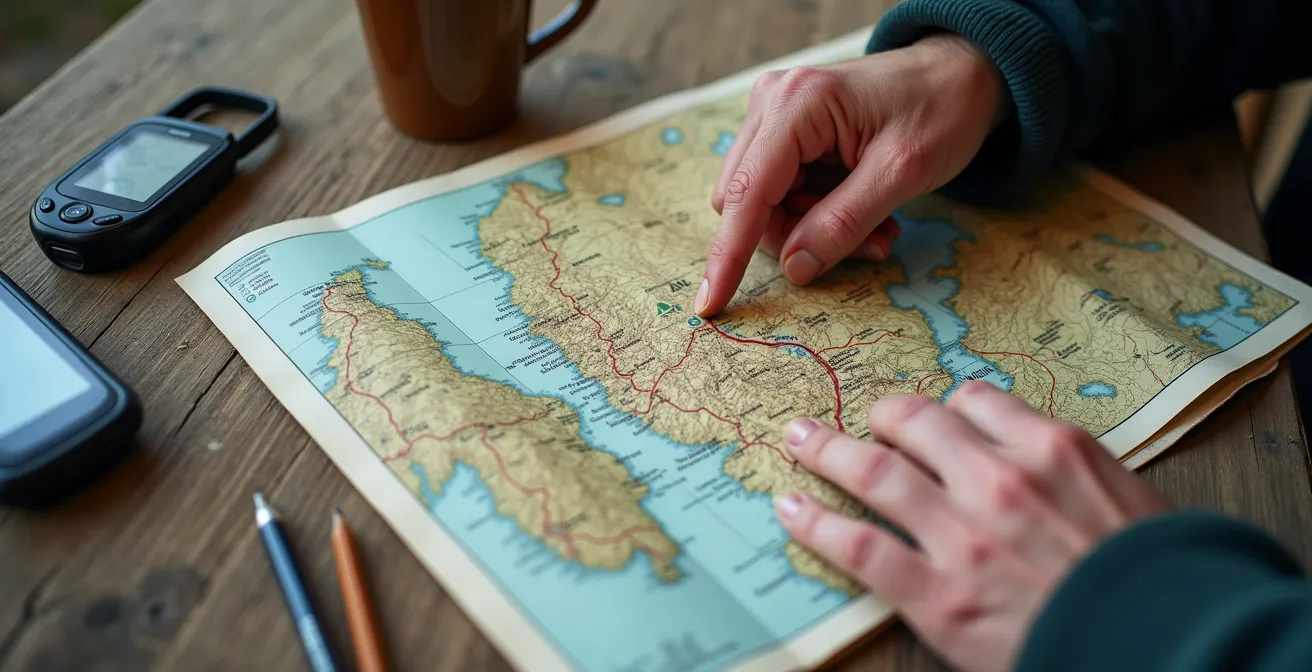 Randonneur consultant une carte topographique dans un refuge de montagne norvégien