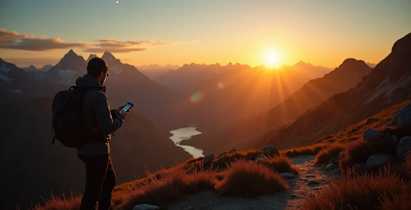 Randonneur consultant sa montre au crépuscule avec montagnes norvégiennes en arrière-plan