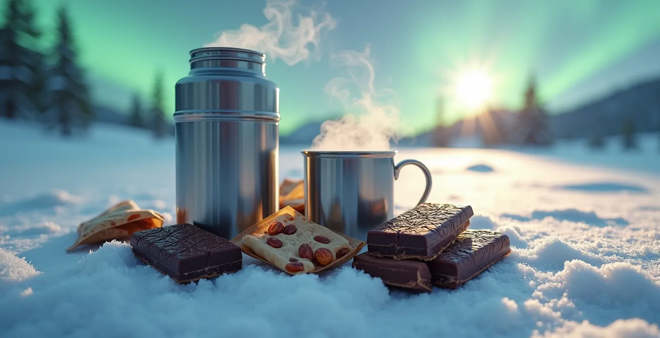 Thermos et snacks énergétiques disposés dans la neige pour une longue observation nocturne