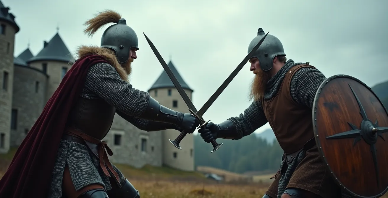 Reconstitution médiévale avec des acteurs en costume devant les murailles d'Akershus